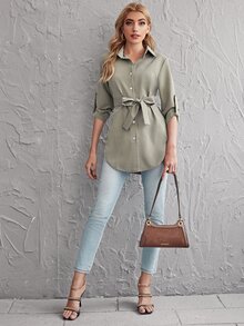 Rolled Tab Sleeve Self Belted Blouse - Army Green - View 5
