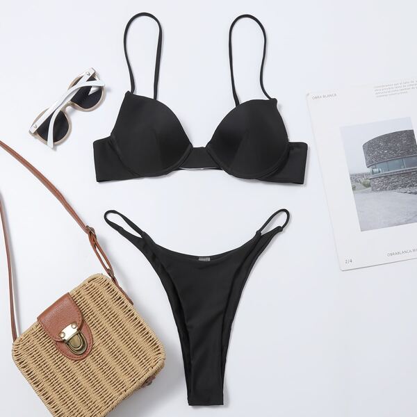 

Push Up Underwire Thong Bikini Swimsuit, Black