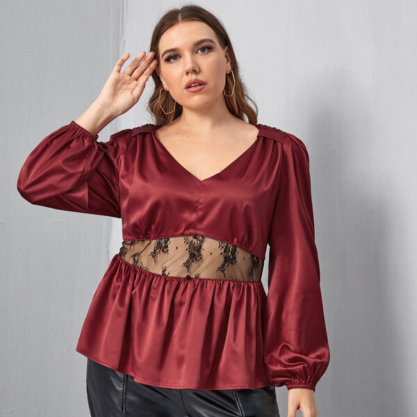 

Plus Lantern Sleeve Embroidered Mesh Insert Satin Peplum Top, Maroon
