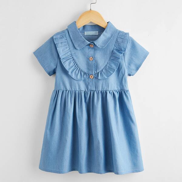 

Toddler Girls Half Button Ruffle Trim Denim Dress, Medium wash