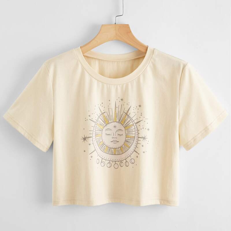 

Sun & Moon Graphic Crop Tee, Beige