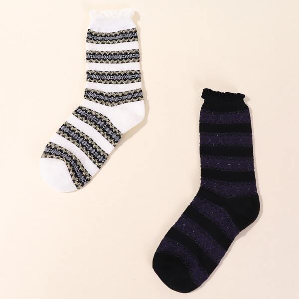 

2pairs Striped Print Crew Socks, Multicolor