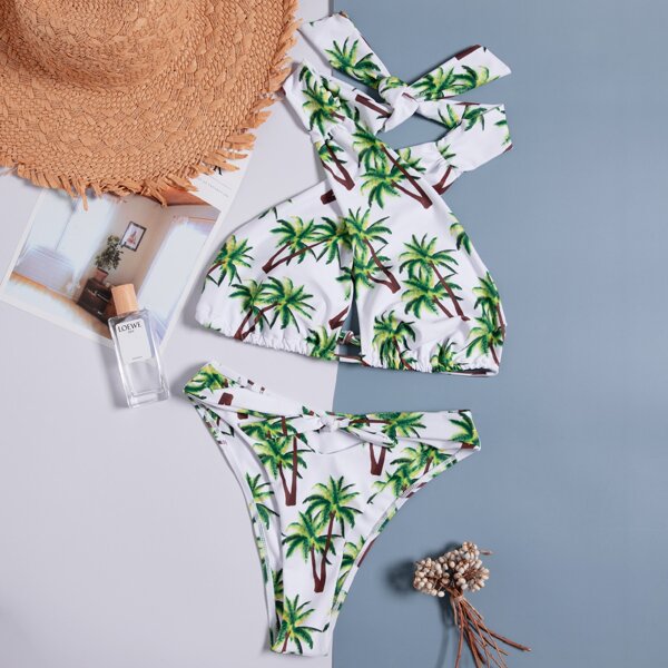 

Palm Tree Print Cross Halter Bikini Swimsuit, Multicolor