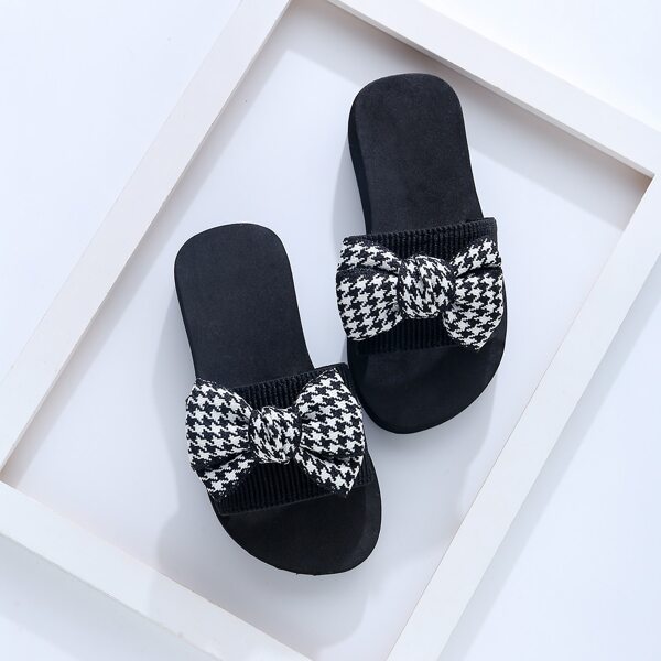

Toddler Girls Houndstooth Pattern Bow Decor Slippers, Black and white