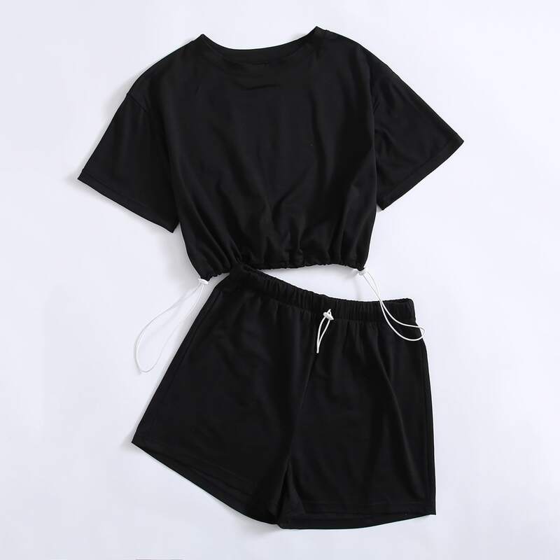 

Solid Drawstring Crop Tee & Shorts, Black