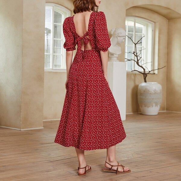 

Tie Backless Allover Heart Print A-line Dress, Red