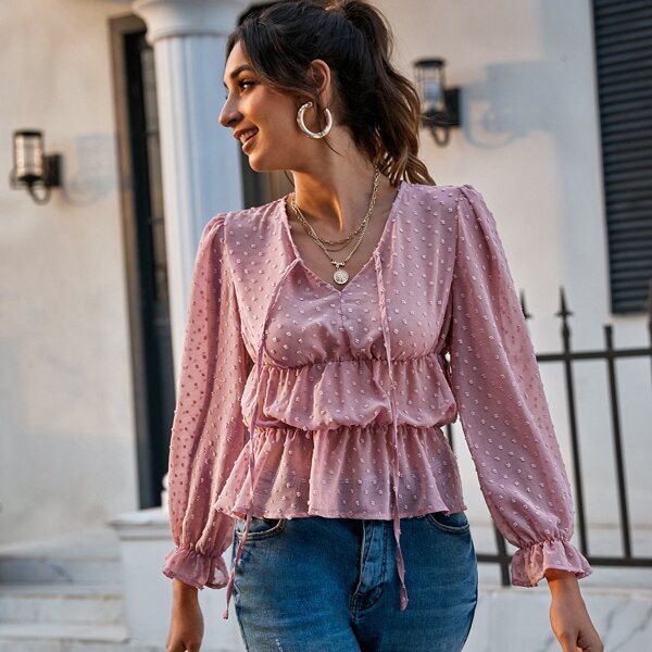 

Swiss Dot Tie Neck Ruffle Hem Blouse, Dusty pink