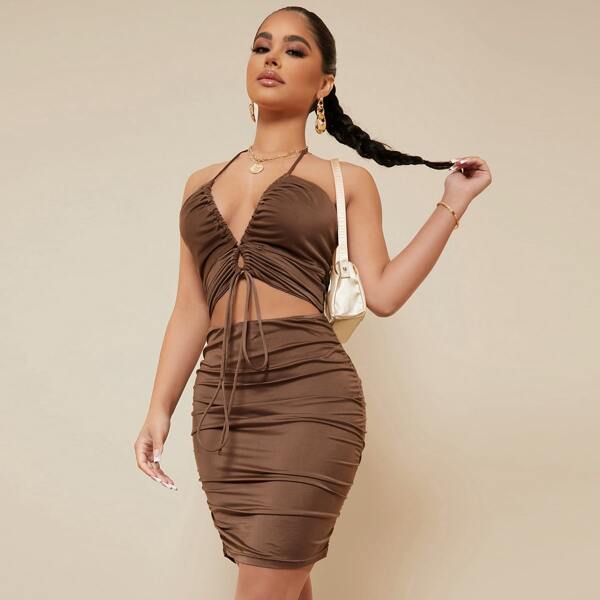 

Drawstring Detail Cutout Front Low Back Ruched Dress, Coffee brown