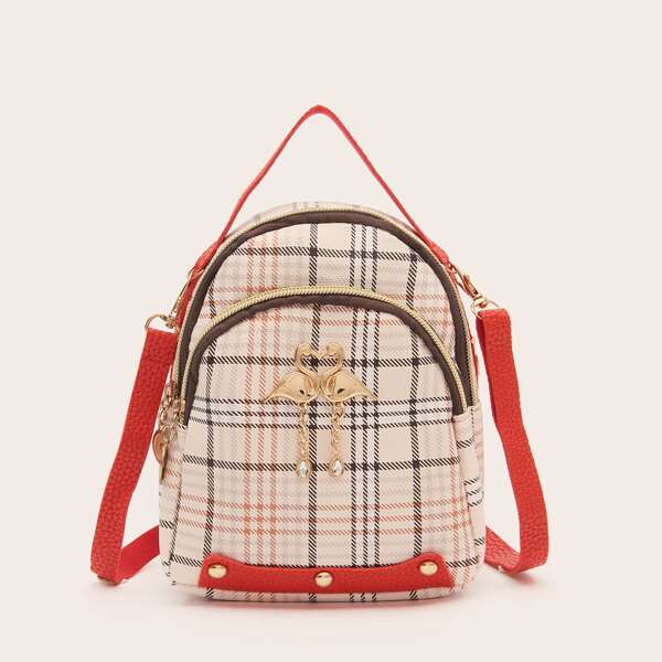 

Metal Decor Plaid Pattern Backpack, Multicolor