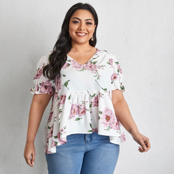 

Plus Floral Print High Low Peplum Blouse, Multicolor