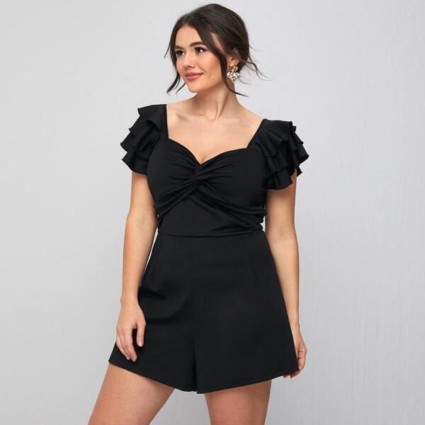 

Plus Sweetheart Neck Ruffle Trim Twist Romper, Black