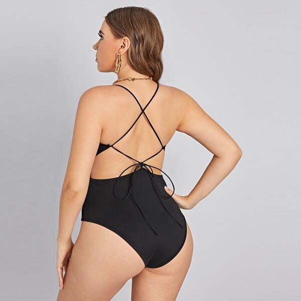

Plus Criss Cross Tie Back Cami Bodysuit, Black
