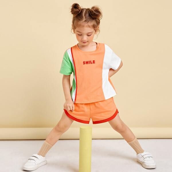 

Toddler Girls Letter Graphic Binding Trim Colorblock Tee and Shorts Set, Orange