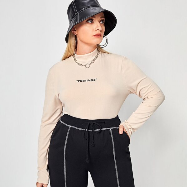 

Plus Mock Neck Letter Embroidery Tee, Apricot