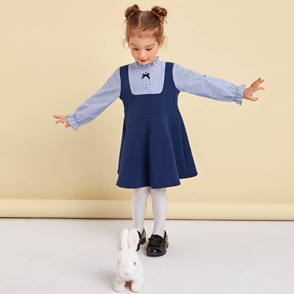 

Toddler Girls Bow Detail Striped Panel Ruffle Trim Dress, Navy blue
