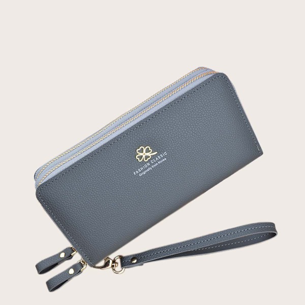 

Metal Decor Litchi Embossed Purse, Grey