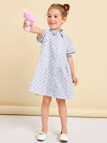 SHEIN Toddler Girls Heart Print Striped Trim Shirt Dress