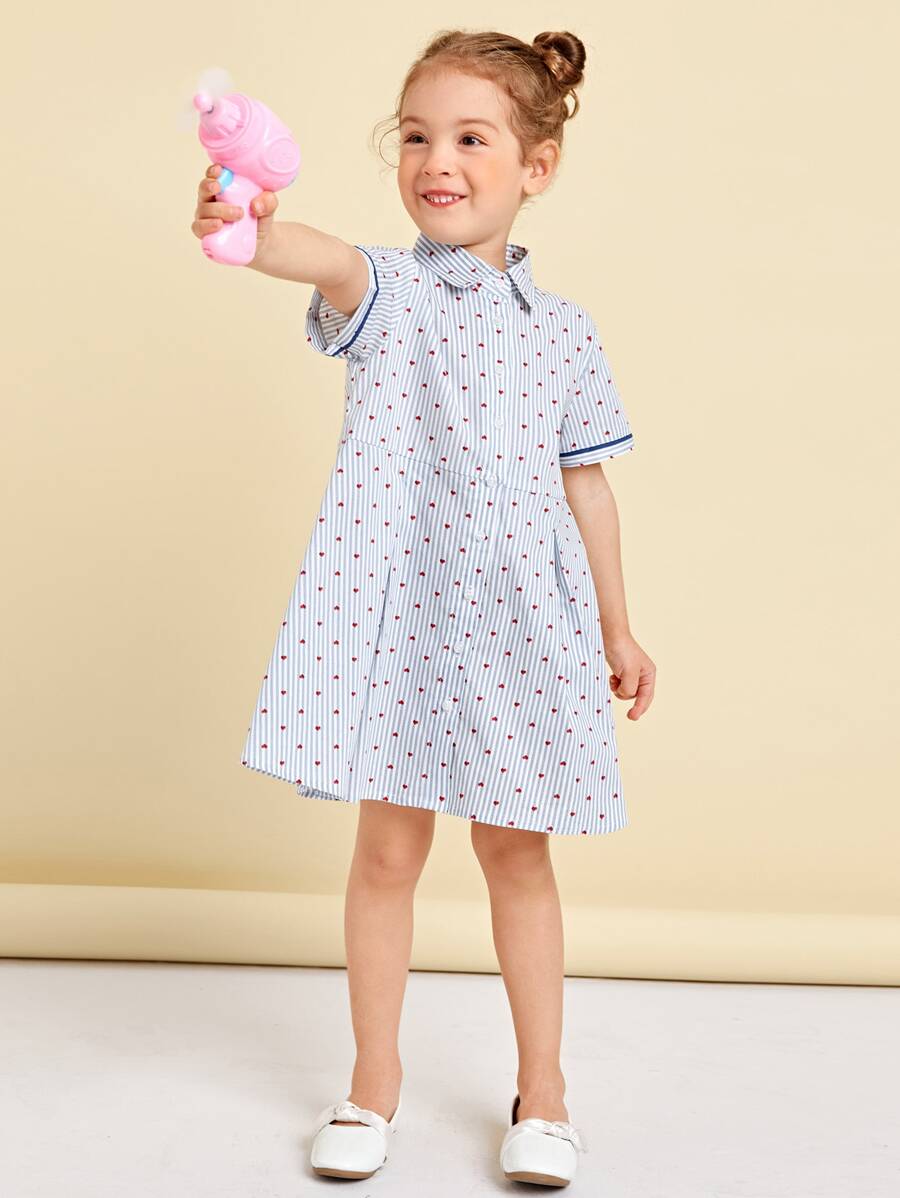SHEIN Toddler Girls Heart Print Striped Trim Shirt Dress