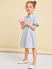 SHEIN Toddler Girls Heart Print Striped Trim Shirt Dress