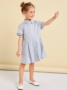 SHEIN Toddler Girls Heart Print Striped Trim Shirt Dress