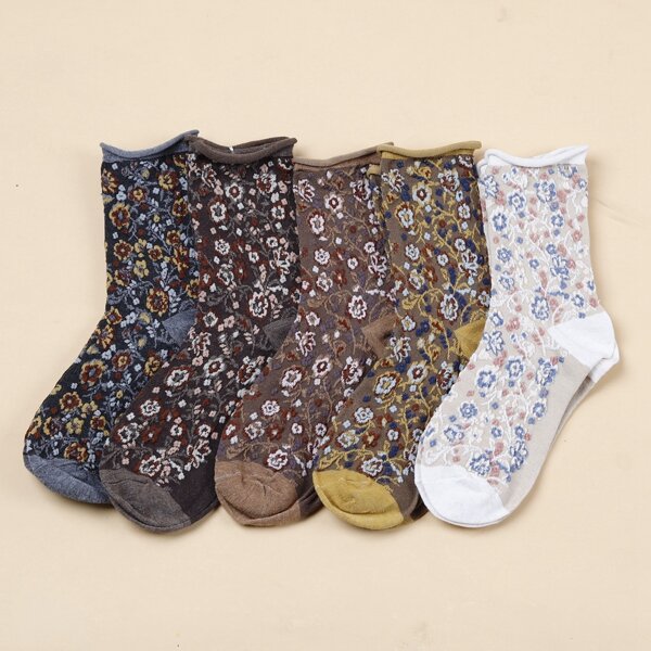 

5pairs Ditsy Floral Print Crew Socks, Multicolor