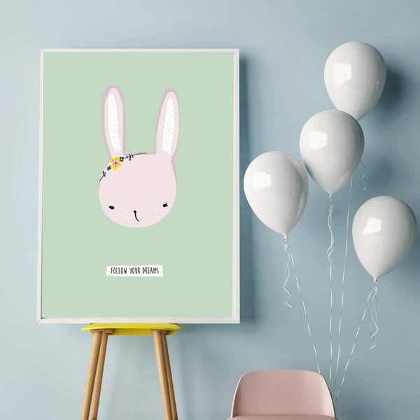

Kids Cartoon Rabbit Print Wall Painting Without Frame, Green