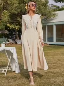SHEIN Statement Collar Tie Neck A-line Dress - Beige - View 1