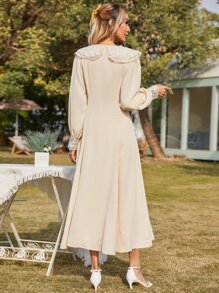 SHEIN Statement Collar Tie Neck A-line Dress - Beige - View 2