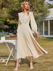 SHEIN Statement Collar Tie Neck A-line Dress - Beige - View 3