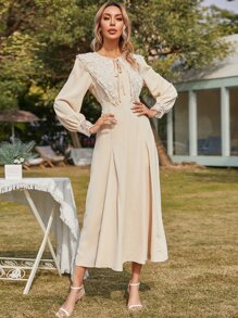 SHEIN Statement Collar Tie Neck A-line Dress - Beige - View 5