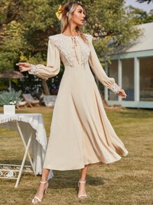 SHEIN Statement Collar Tie Neck A-line Dress - Beige - View 6