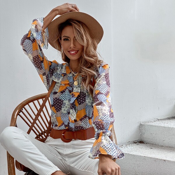 

Ditsy Floral Patchwork Statement Collar Ruffle Trim Blouse, Multicolor