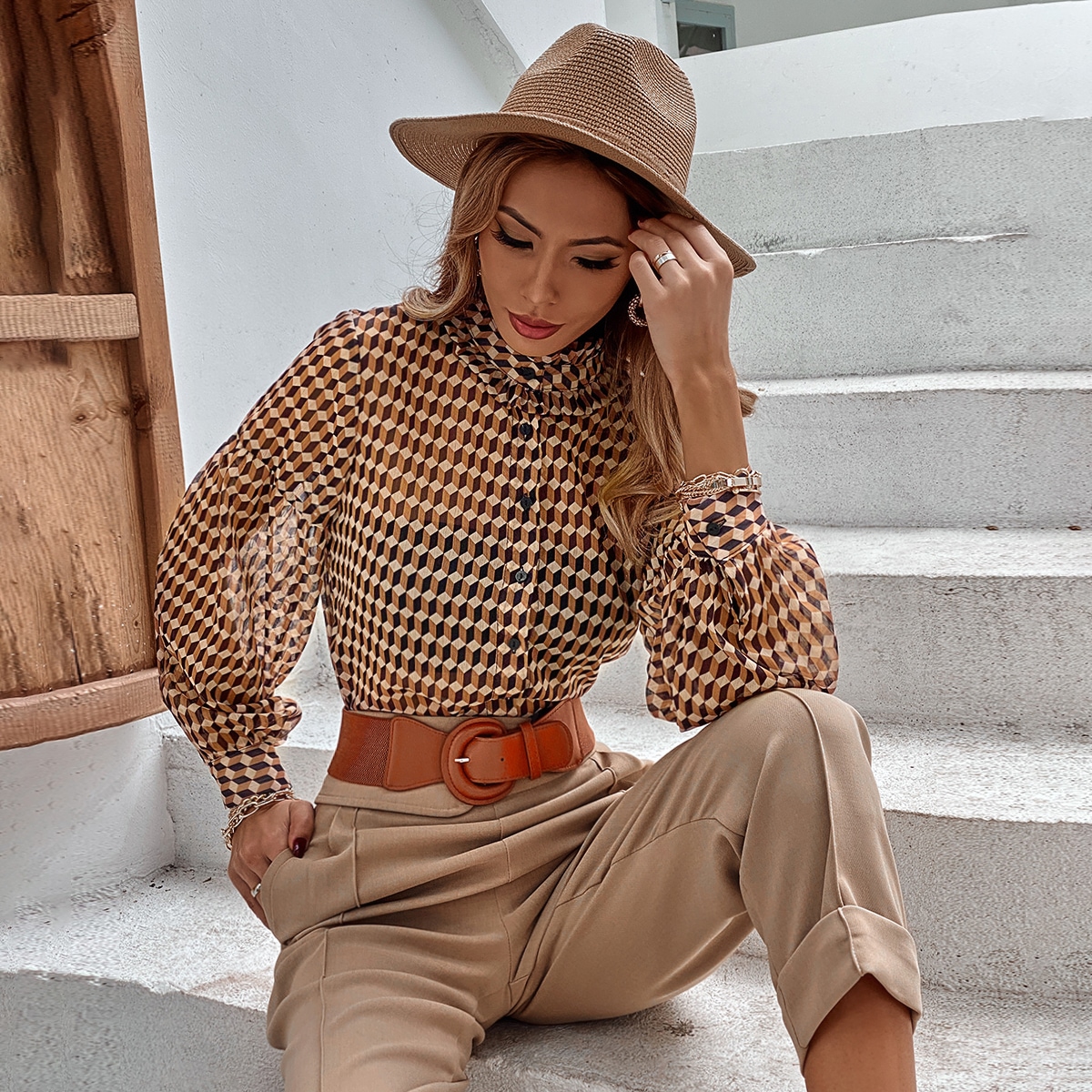 Image of Allover Geo Print Ruffle Neck Blouse