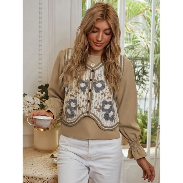 

Flounce Sleeve Blouse With Floral Pattern Button Front Sweater Vest, Multicolor