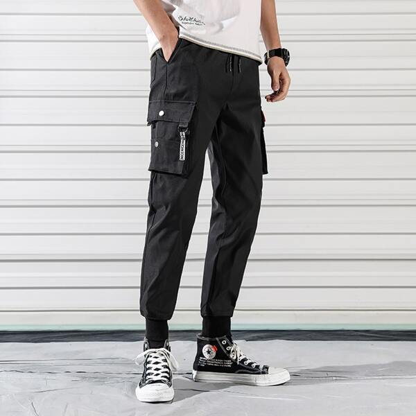 

Men Letter Tape Flap Pocket Cargo Pants, Black