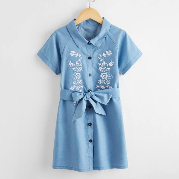 

Toddler Girls Floral Embroidered Belted Shirt Denim Dress, Light wash