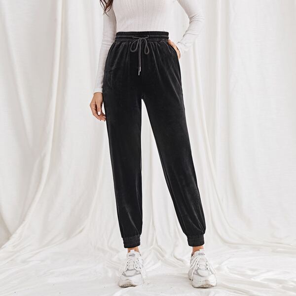 

Drawstring Waist Slant Pocket Velvet Pants, Black