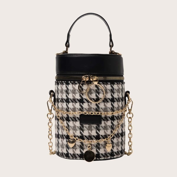 

Metal Heart Decor Plaid Box Bag, Black and white