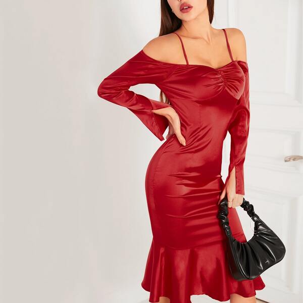 

Split Sleeve Ruched Ruffle Hem Satin Mermaid Hem Dress, Red