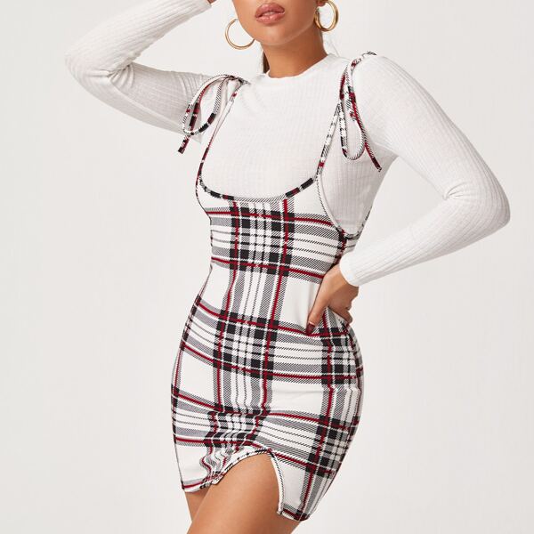

Tie Shoulder Split Hem Plaid Overall Dress, Multicolor