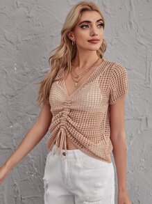 Drawstring Waist Solid Cover Up Without Bra, For Summer Beach Vacation
