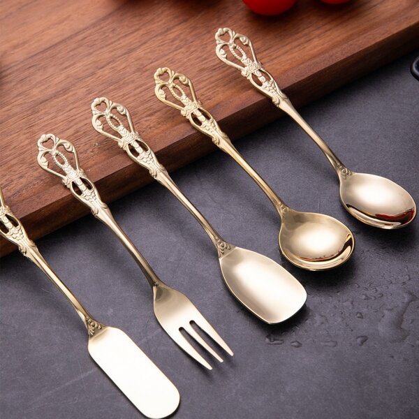 

5pcs Stainless Steel Spoon & Fork Set, Gold