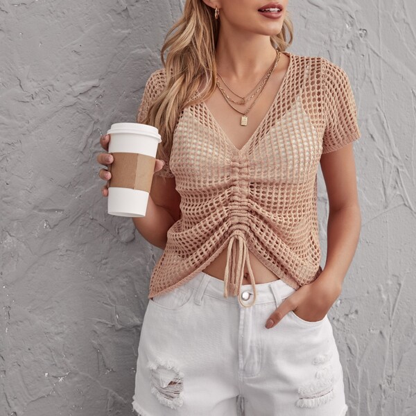 

Drawstring Waist Solid Cover Up Without Bra, Pink