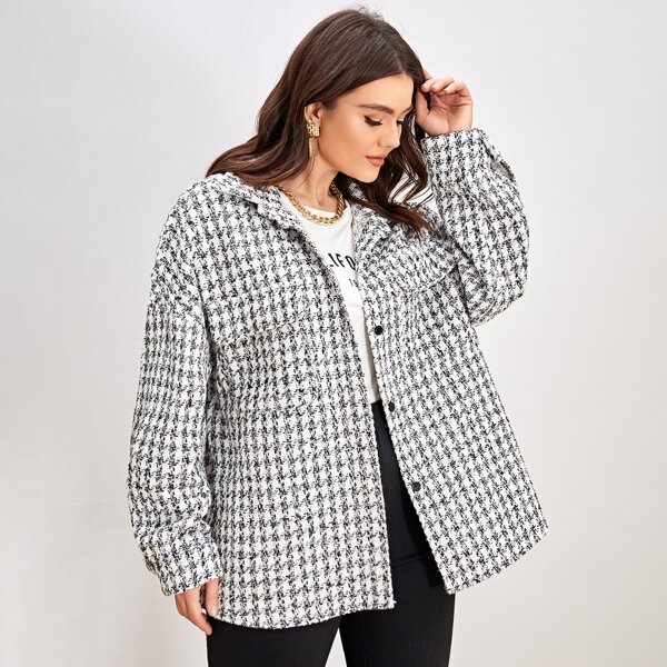 

Plus Tweed Plaid Flap Pockets Jacket, White