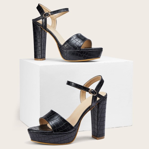 

Croc Embossed Platform Chunky Heeled Sandals, Black