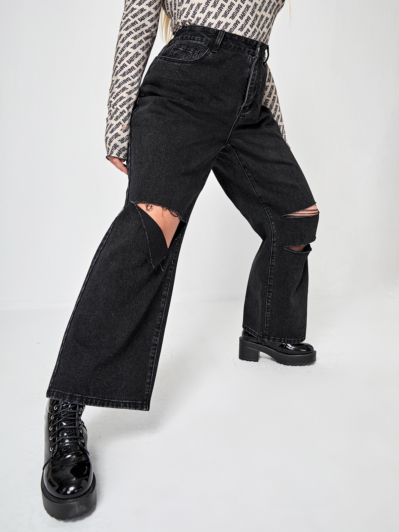 Plus High Waist Ripped Detail Wide Leg Jeans thumbnail