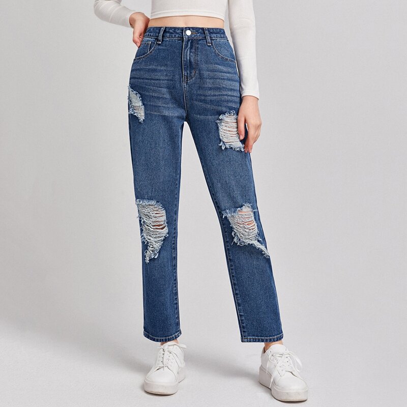 

Straight Leg Distressed Jeans, Medium wash