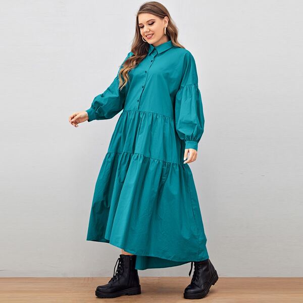 

Plus Lantern Sleeve Ruffle Hem Dress, Teal blue