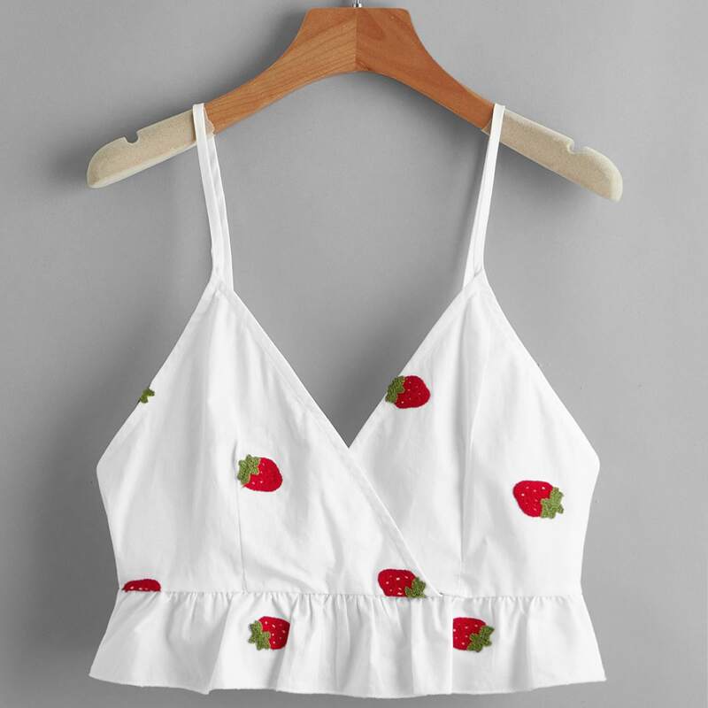 

Strawberry Embroidery Wrap Crop Cami, White