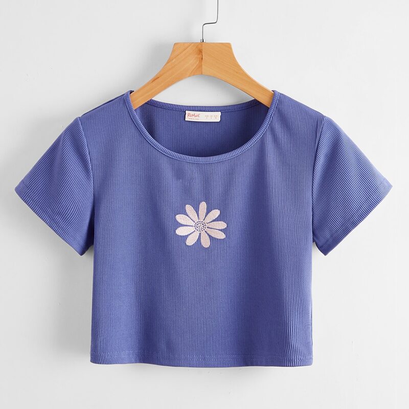 

Floral Embroidery Crop Tee, Violet purple